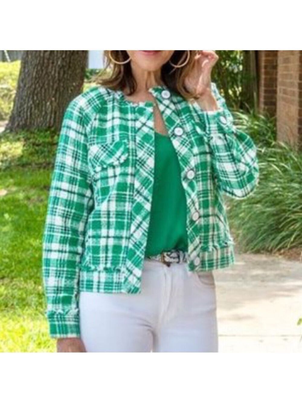 Cabi Library Jacket Green White Black Plaid  size Medium